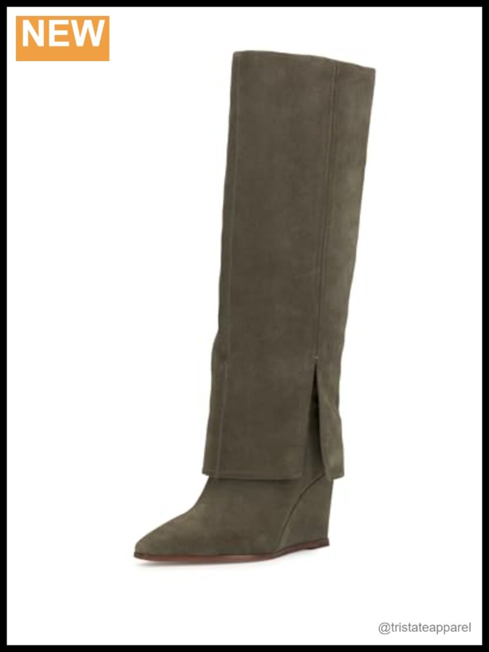 Suede Knee High Boot with Zipper, Pointed Toe Wedge Heel